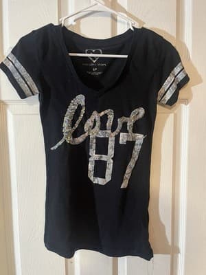 Live Love Dream Women’s Small Black V Neck 87 T Shirt With Stripes On Sleeves - Thumbnail 2