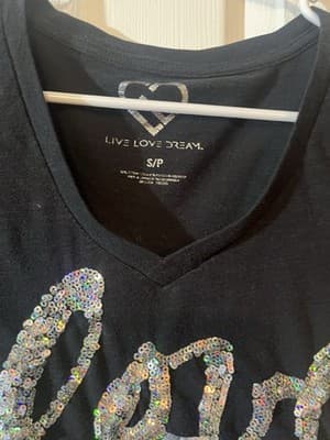 Live Love Dream Women’s Small Black V Neck 87 T Shirt With Stripes On Sleeves - Thumbnail 3