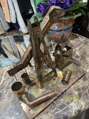 Vintage Oil Derrick Metal Copper Plated Steel Wind Up Music Box Retro - Thumbnail 2