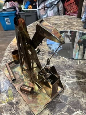 Vintage Oil Derrick Metal Copper Plated Steel Wind Up Music Box Retro - Thumbnail 3