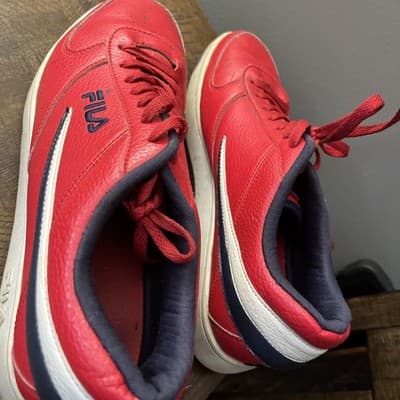 Red Men’s Fila Shoes With Red Laces And White Bottoms Size 12 - Image 1