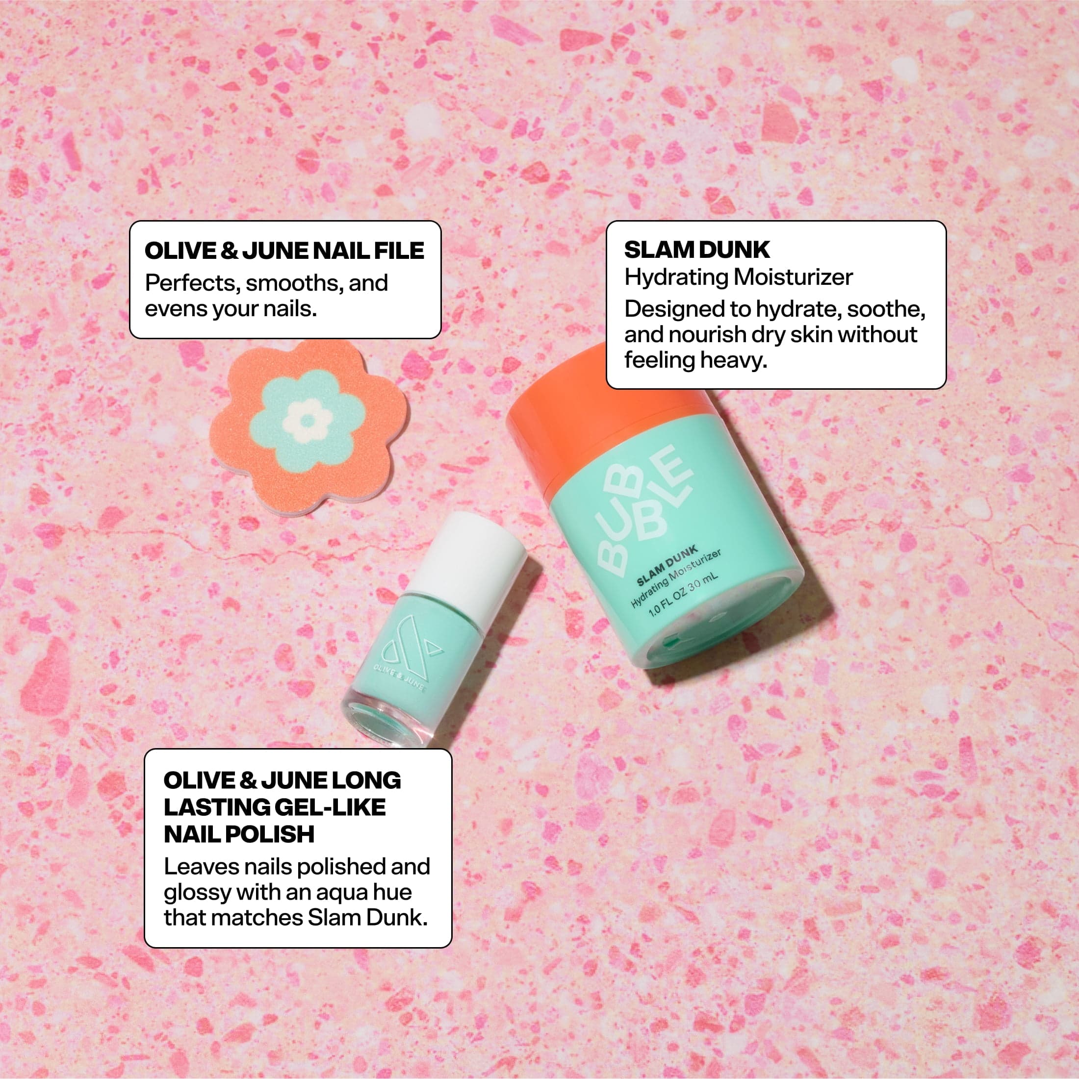 Bubble Skincare Flower Power Slam Dunk Moisturizer & Nail Polish 3-Piece Set  Includes Olive & June Long Lasting Nail Polish & Flower Nail File - Thumbnail 4