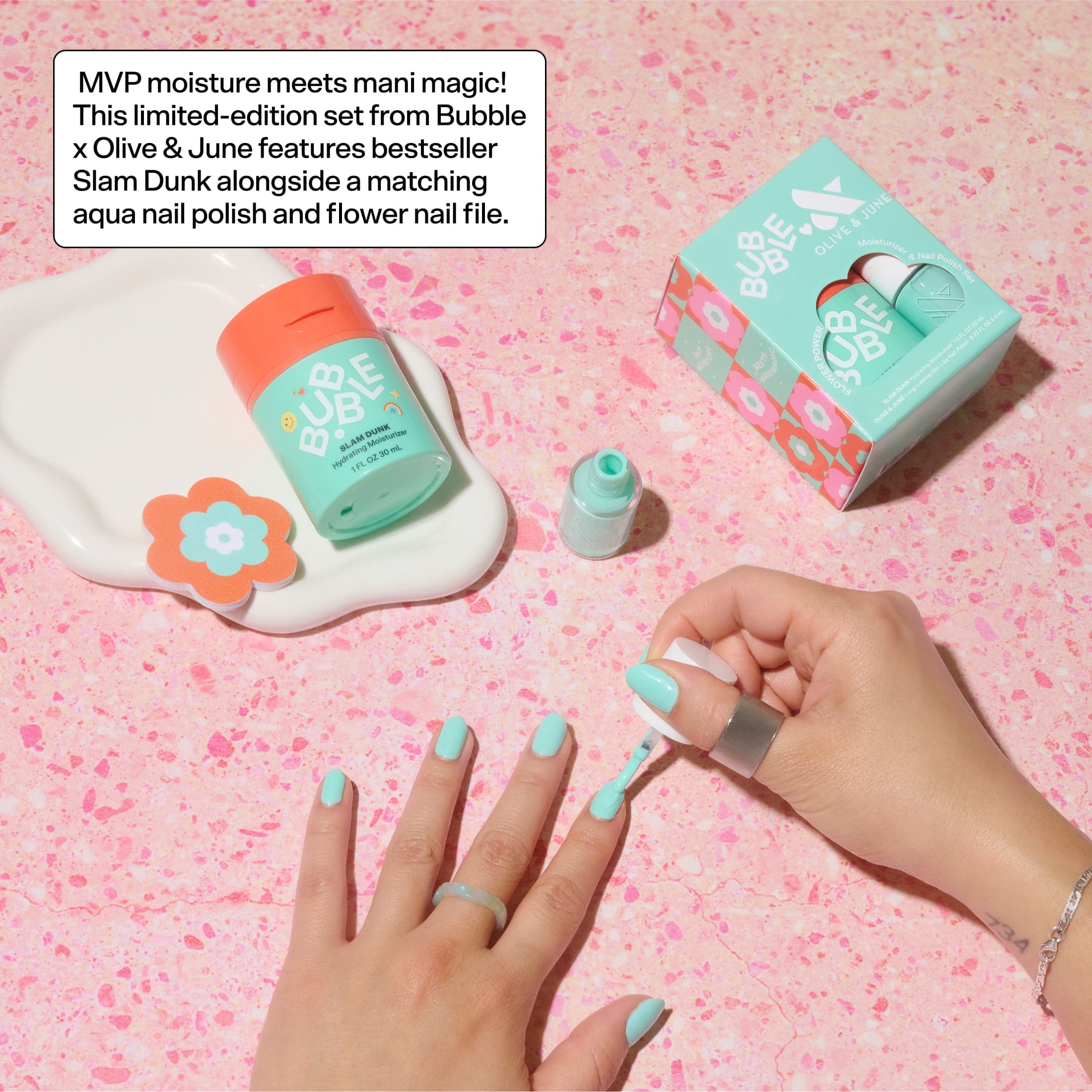 Bubble Skincare Flower Power Slam Dunk Moisturizer & Nail Polish 3-Piece Set  Includes Olive & June Long Lasting Nail Polish & Flower Nail File - Thumbnail 5