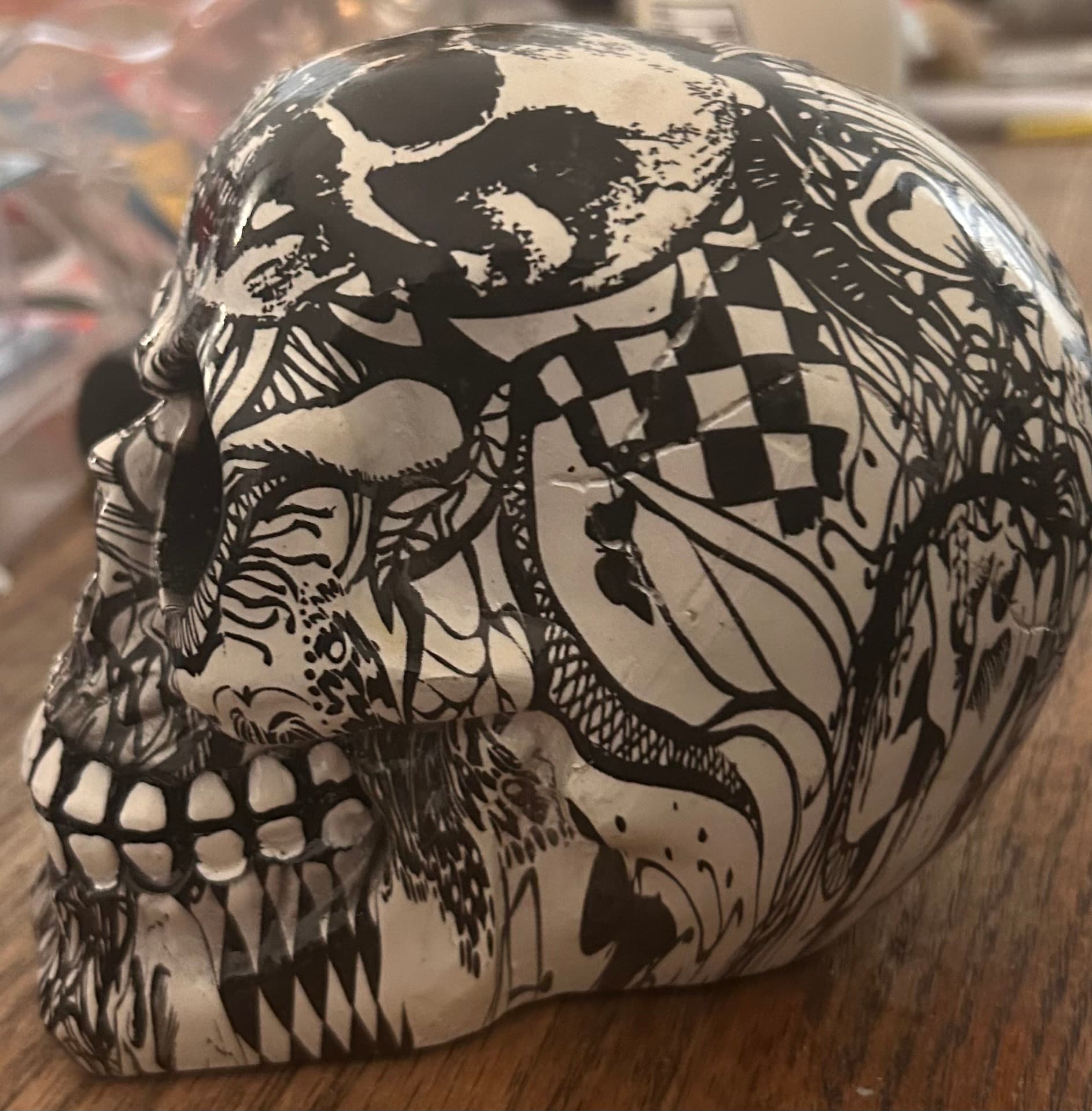 Decorative Skull Figurine - Black and White Art Design - Thumbnail 2