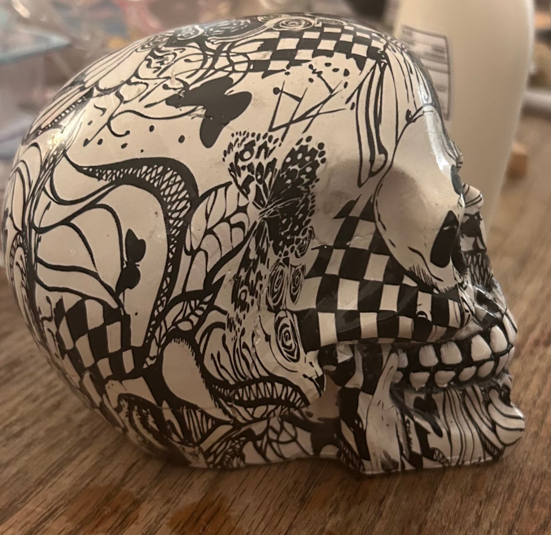 Decorative Skull Figurine - Black and White Art Design - Thumbnail 4