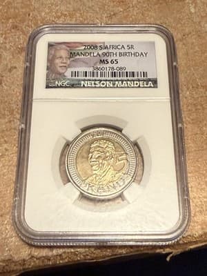 WN13 - 2008 South Africa 5 Rand 5R Nelson Mandela 90th Birthday Coin NGC MS65 - Image 1