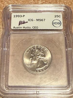 WN14 - 1993 P Washington Quarter ICG MS67 AUSTIN HUTTO SIGNED - Image 1