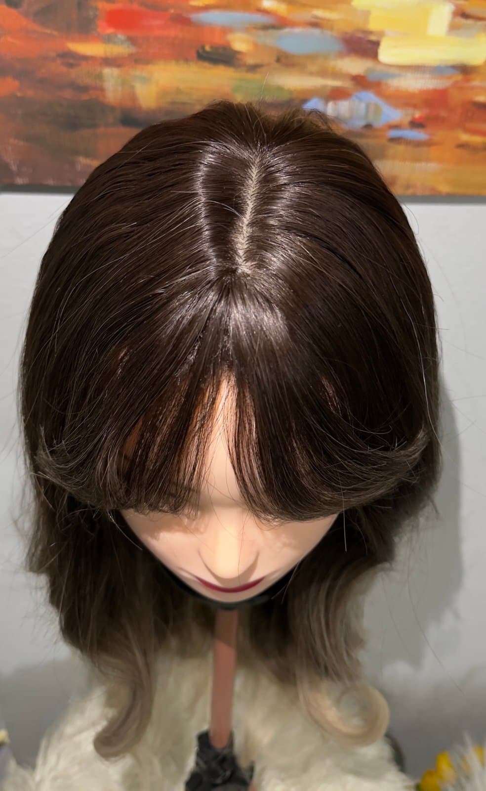 Synthetic Blend Ombre Brown Wig with Bangs and realistic scalp - Thumbnail 4