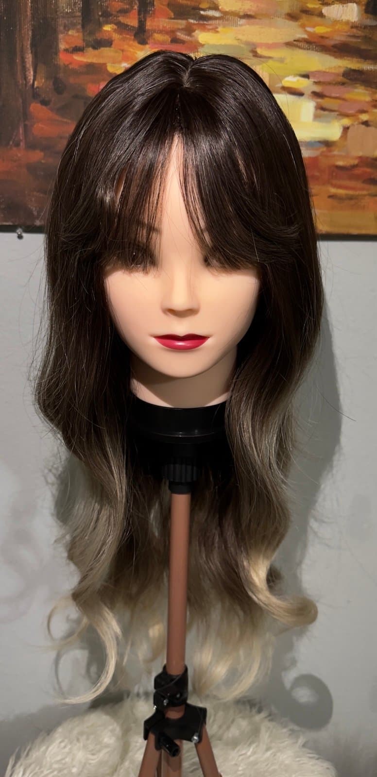 Synthetic Blend Ombre Brown Wig with Bangs and realistic scalp - Thumbnail 3