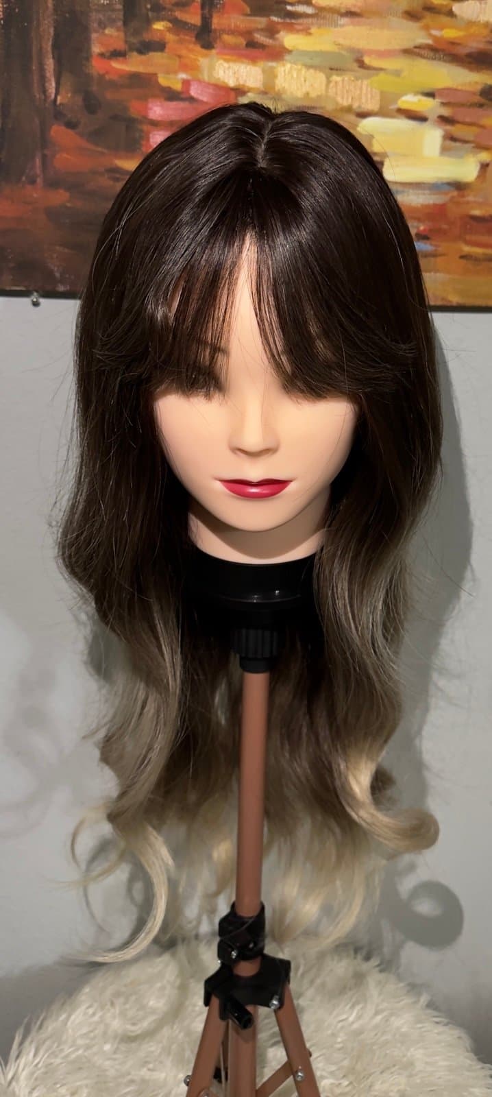 Synthetic Blend Ombre Brown Wig with Bangs and realistic scalp - Image 1