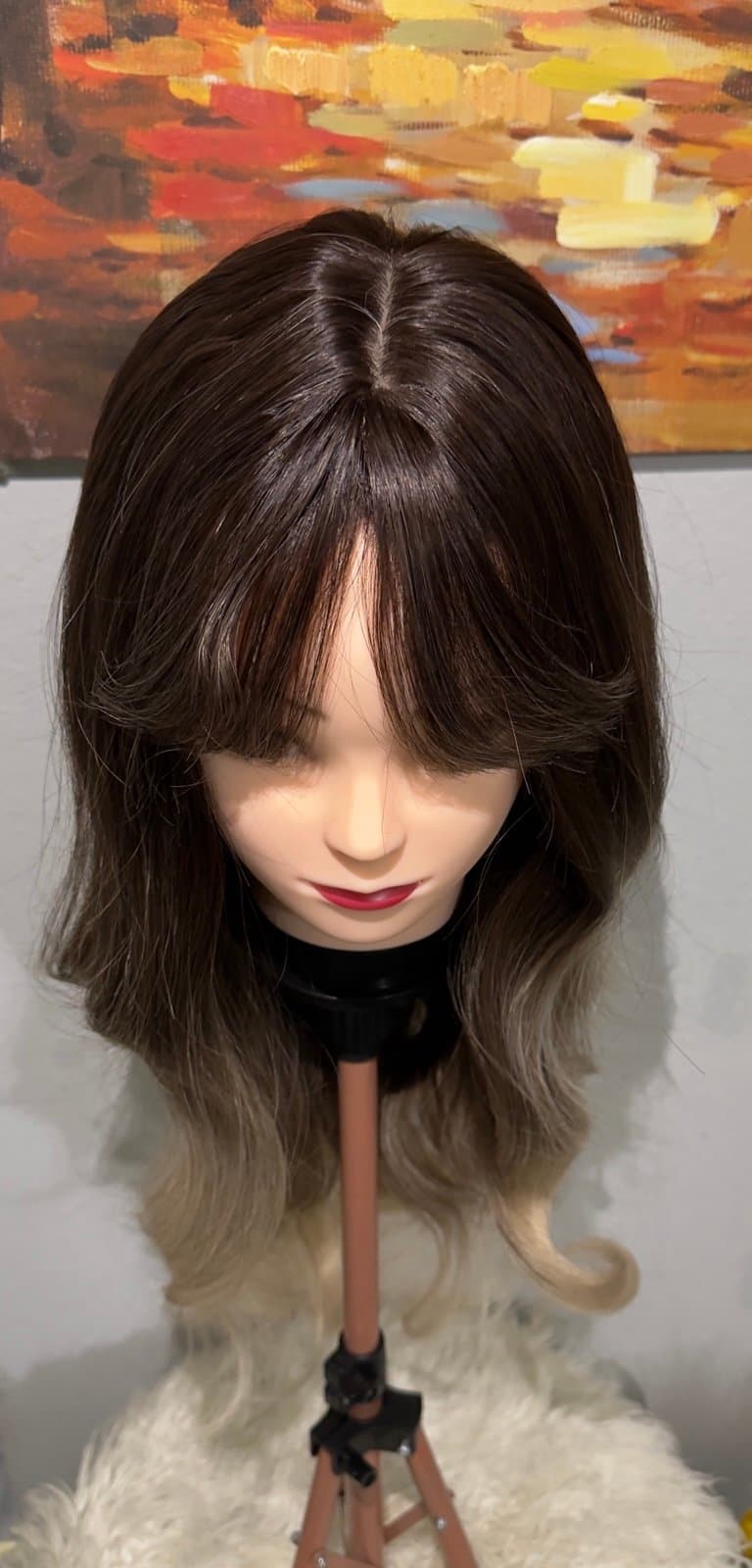 Synthetic Blend Ombre Brown Wig with Bangs and realistic scalp - Thumbnail 2