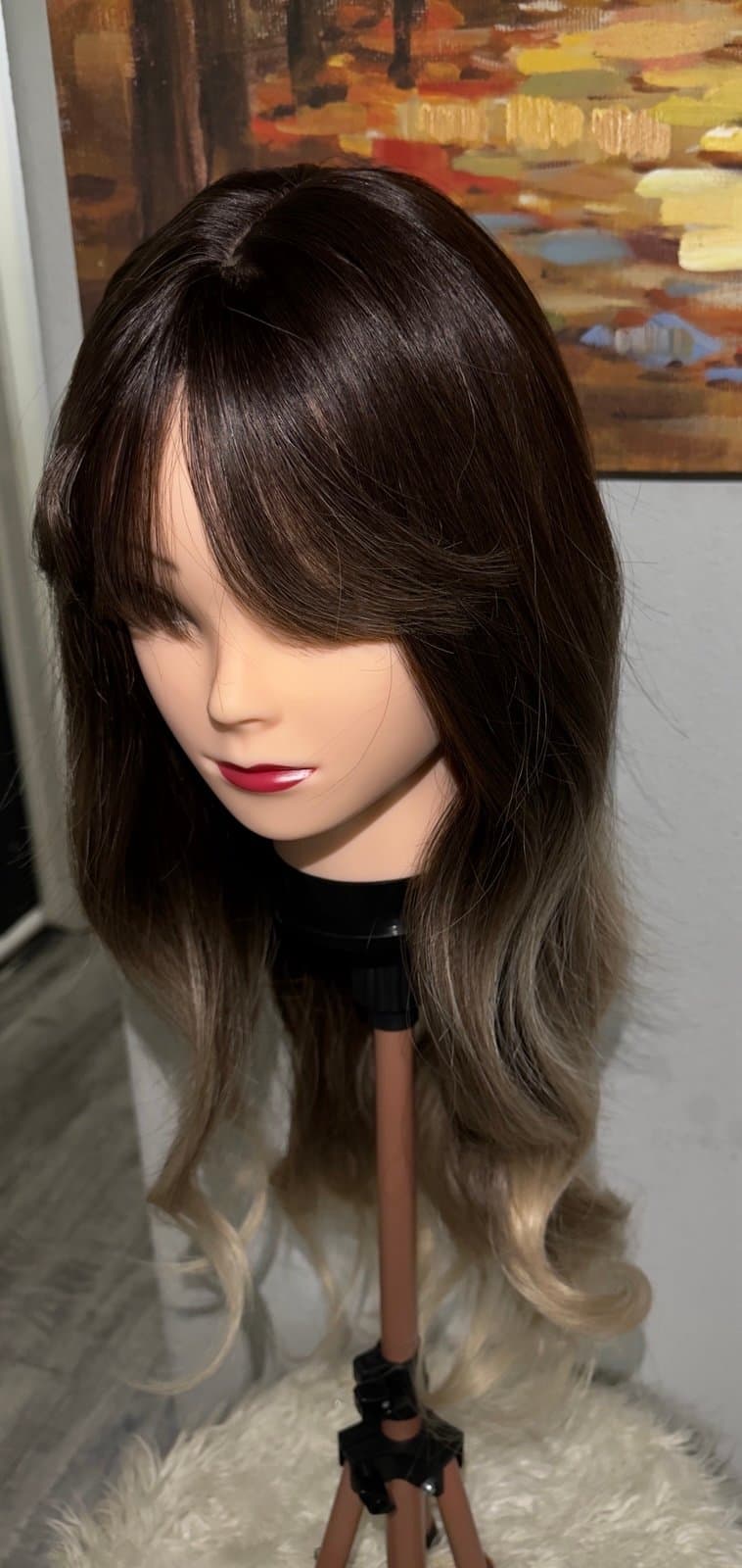 Synthetic Blend Ombre Brown Wig with Bangs and realistic scalp - Thumbnail 5
