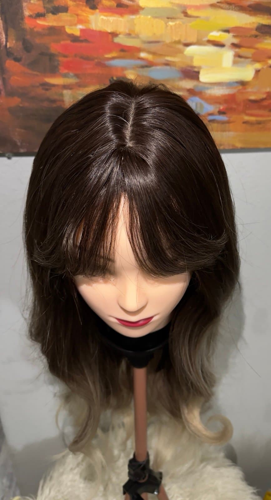 Synthetic Blend Ombre Brown Wig with Bangs and realistic scalp - Thumbnail 6