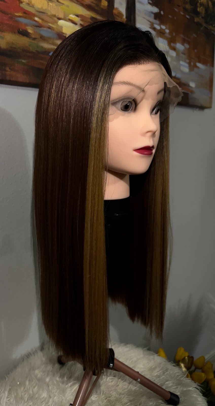 Synthetic Blend Middle Part Wig Long straight brown wig with highlights lace fro - Thumbnail 3