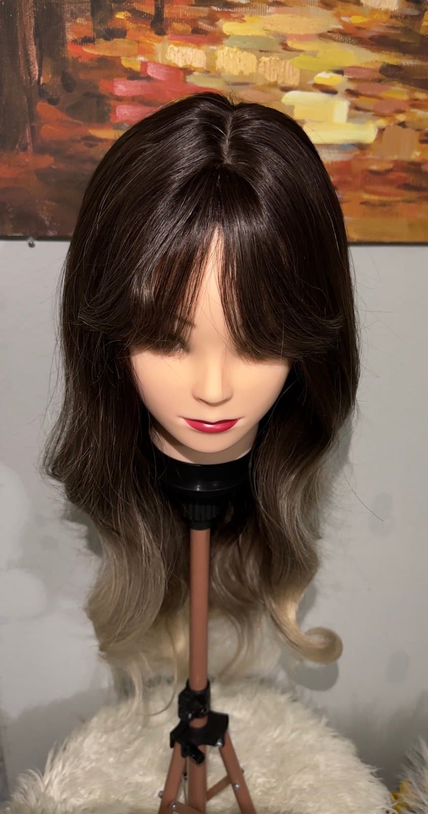 Synthetic Blend Ombre Brown Wig with Bangs and realistic scalp - Thumbnail 11