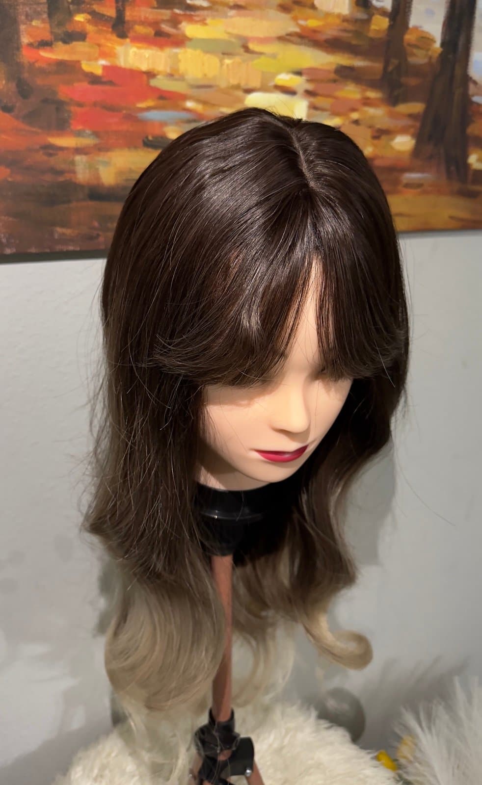 Synthetic Blend Ombre Brown Wig with Bangs and realistic scalp - Thumbnail 8