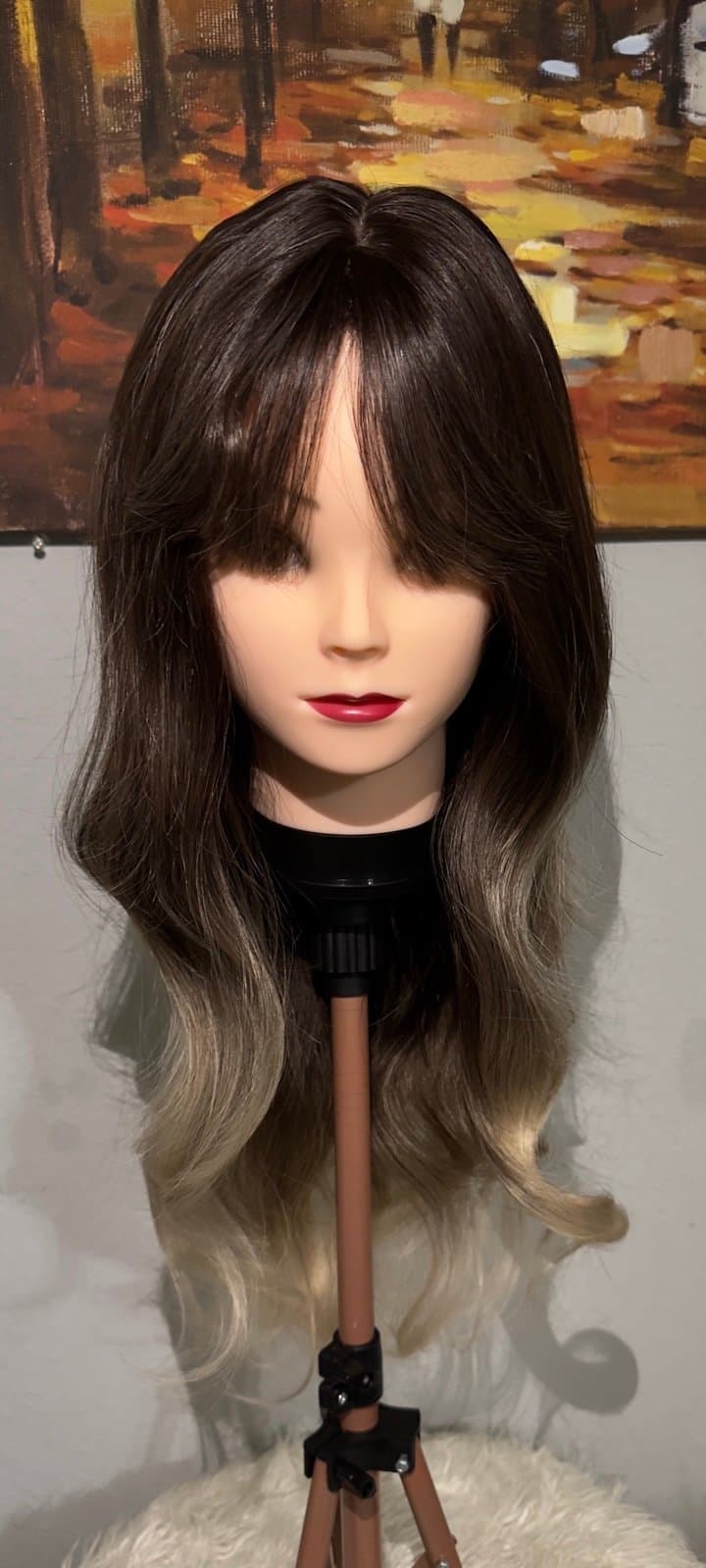 Synthetic Blend Ombre Brown Wig with Bangs and realistic scalp - Thumbnail 7