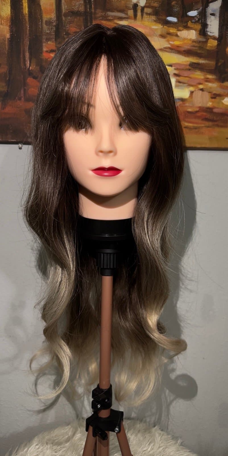 Synthetic Blend Ombre Brown Wig with Bangs and realistic scalp - Thumbnail 10