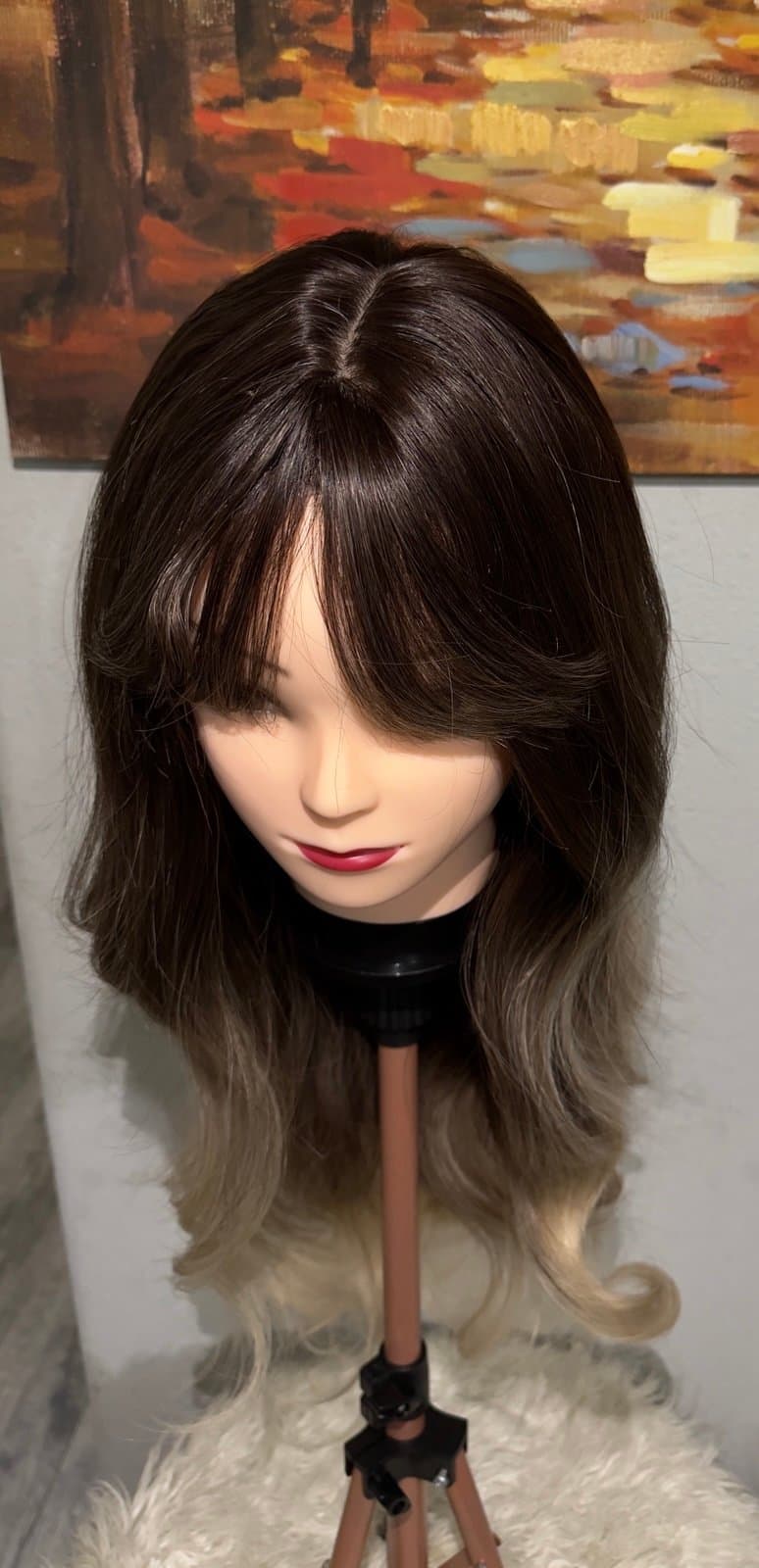 Synthetic Blend Ombre Brown Wig with Bangs and realistic scalp - Thumbnail 9