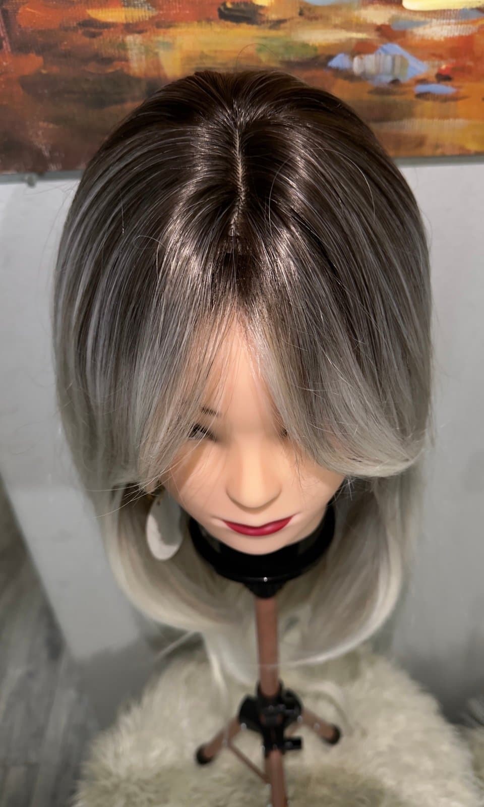 Synthetic Blend Dark root light blonde wig with bangs and realistic scalp - Thumbnail 2