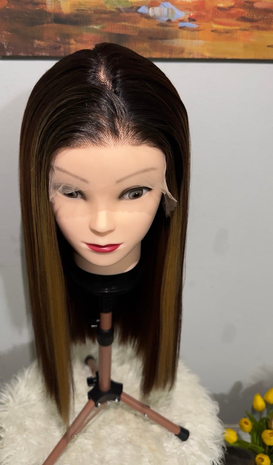 Synthetic Blend Middle Part Wig Long straight brown wig with highlights lace fro - Thumbnail 8