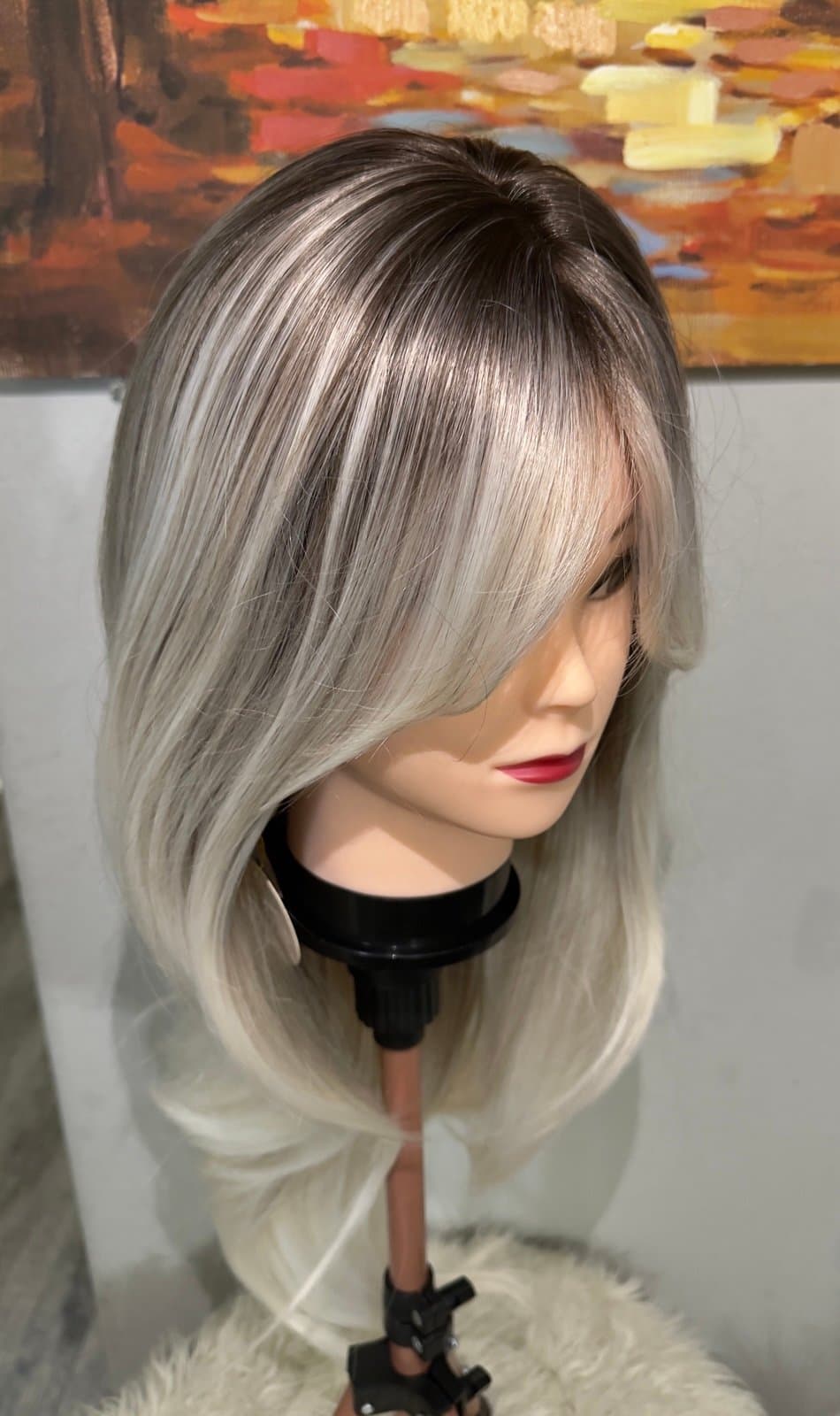 Synthetic Blend Dark root light blonde wig with bangs and realistic scalp - Thumbnail 6