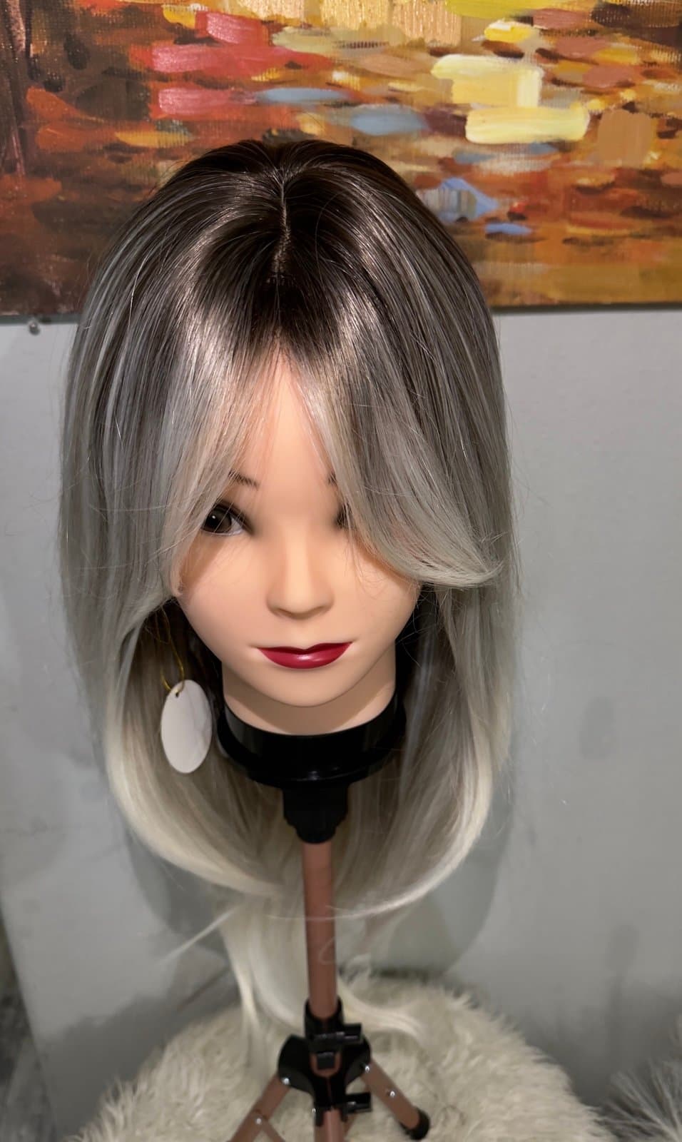 Synthetic Blend Dark root light blonde wig with bangs and realistic scalp - Thumbnail 3