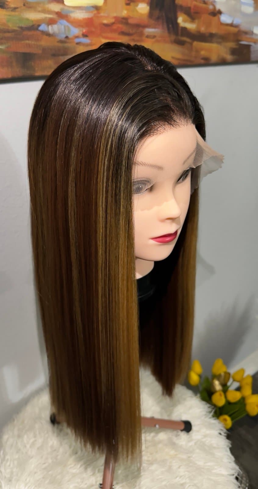 Synthetic Blend Middle Part Wig Long straight brown wig with highlights lace fro - Thumbnail 5