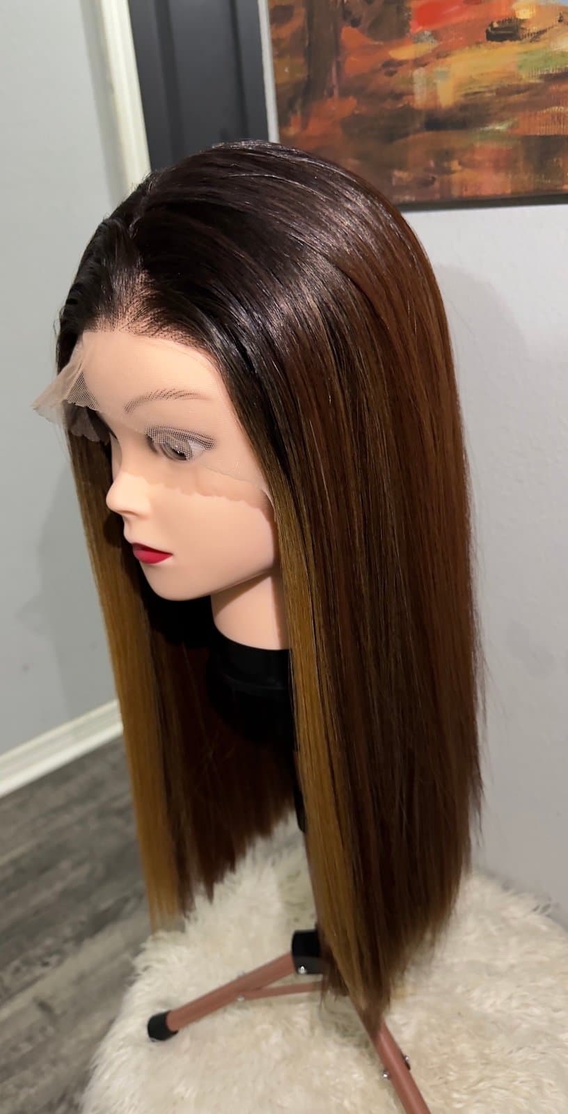 Synthetic Blend Middle Part Wig Long straight brown wig with highlights lace fro - Thumbnail 6