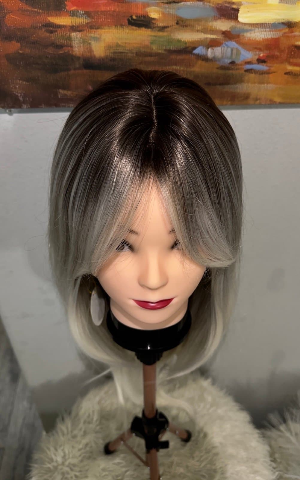 Synthetic Blend Dark root light blonde wig with bangs and realistic scalp - Thumbnail 9