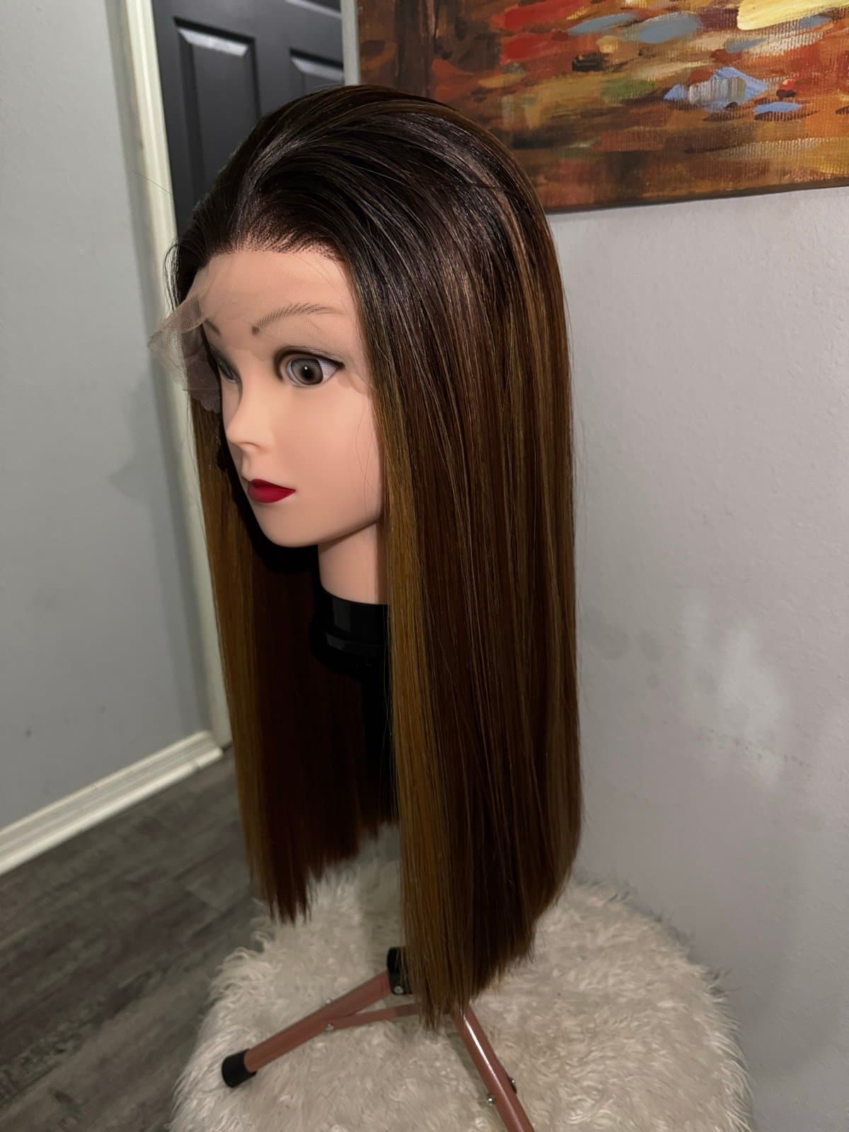 Synthetic Blend Middle Part Wig Long straight brown wig with highlights lace fro - Thumbnail 4
