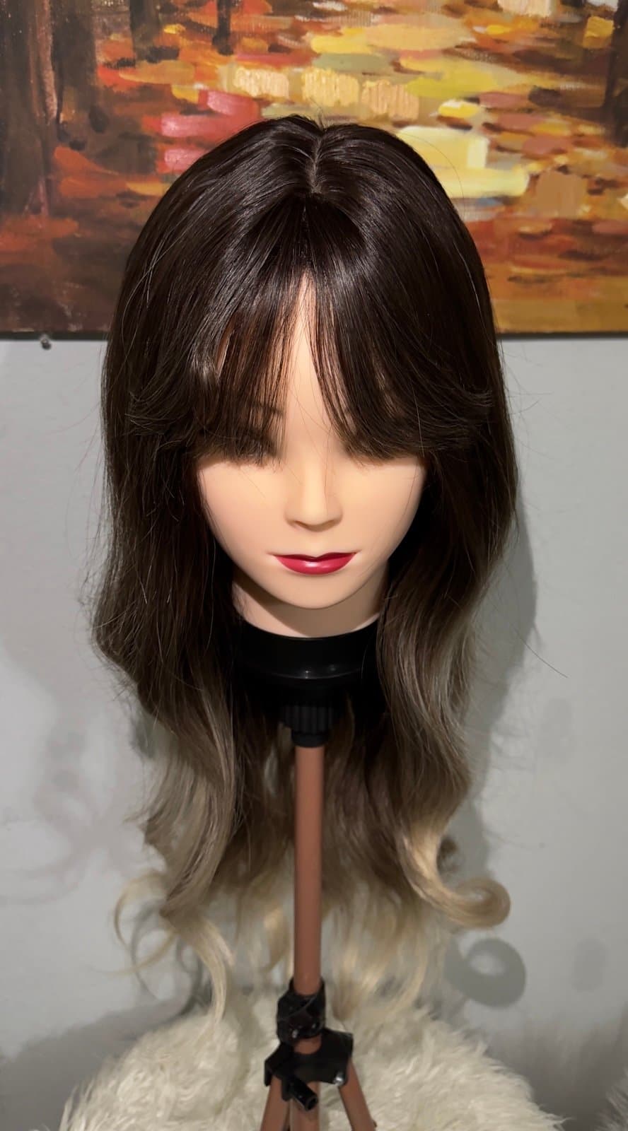 Synthetic Blend Ombre Brown Wig with Bangs and realistic scalp - Thumbnail 12