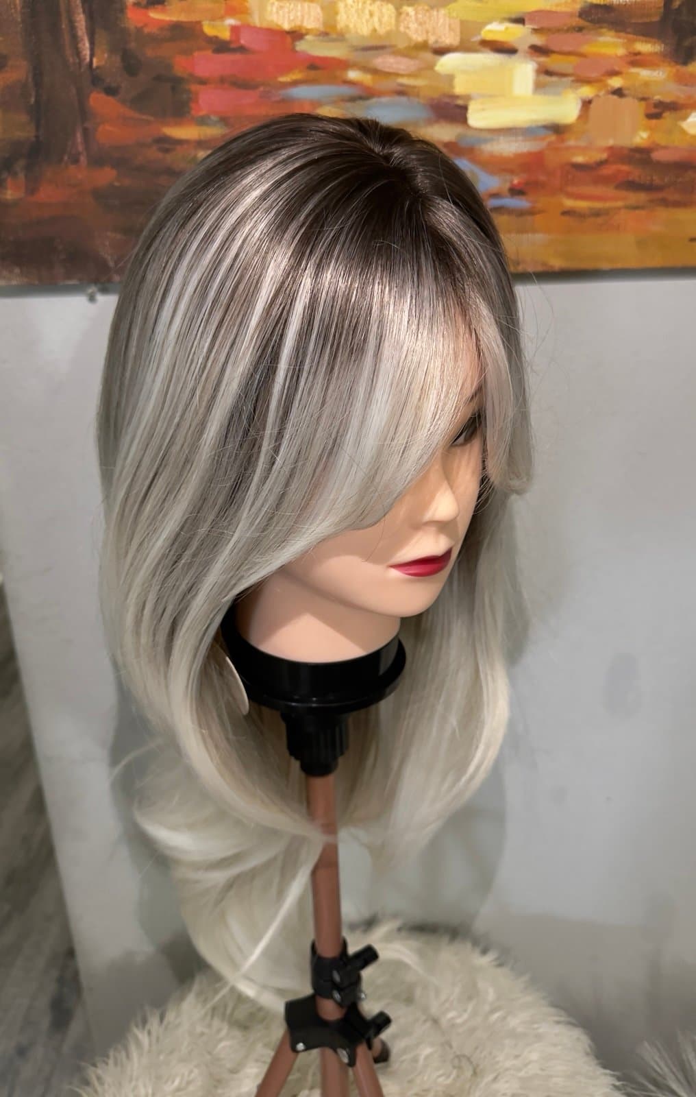 Synthetic Blend Dark root light blonde wig with bangs and realistic scalp - Thumbnail 7