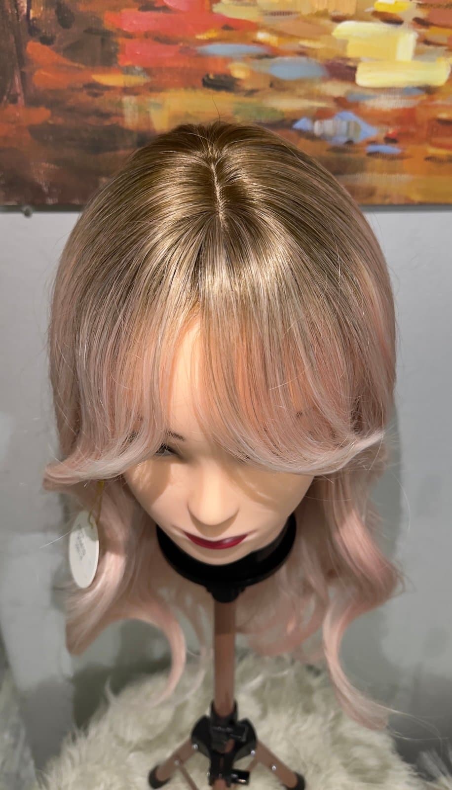Synthetic Blend Pink Blonde Ombre Wavy Wig with Bangs and realistic scalp - Thumbnail 2