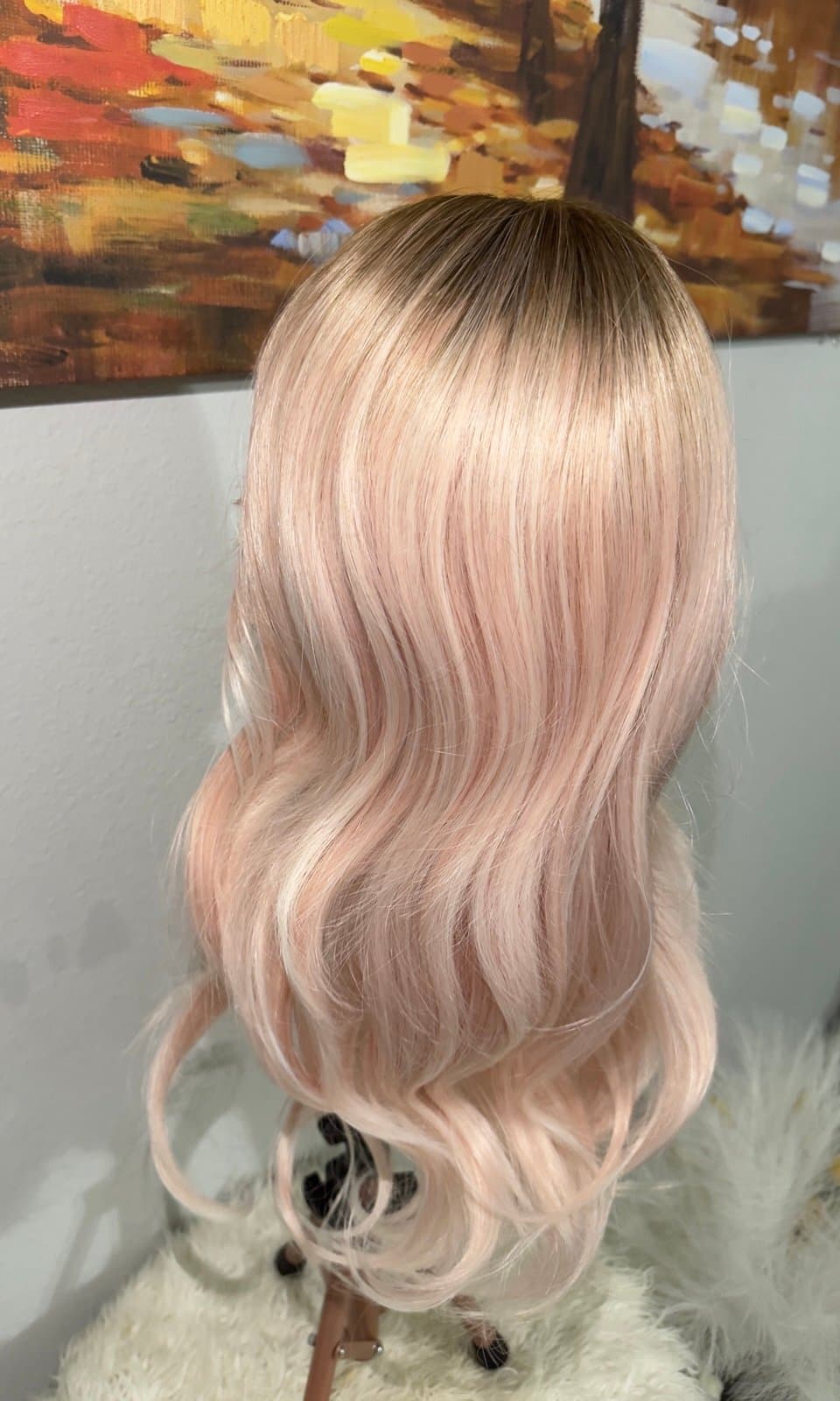 Synthetic Blend Pink Blonde Ombre Wavy Wig with Bangs and realistic scalp - Thumbnail 3