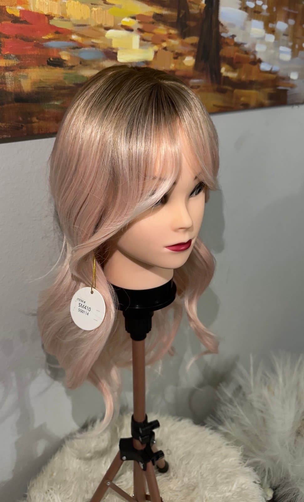 Synthetic Blend Pink Blonde Ombre Wavy Wig with Bangs and realistic scalp - Thumbnail 7