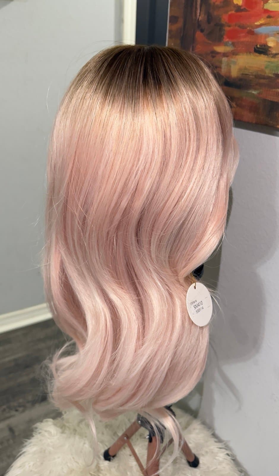 Synthetic Blend Pink Blonde Ombre Wavy Wig with Bangs and realistic scalp - Thumbnail 10