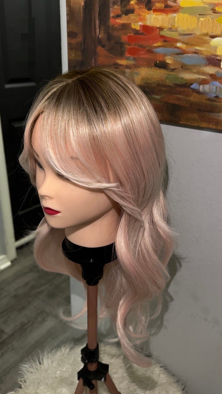 Synthetic Blend Pink Blonde Ombre Wavy Wig with Bangs and realistic scalp - Thumbnail 11