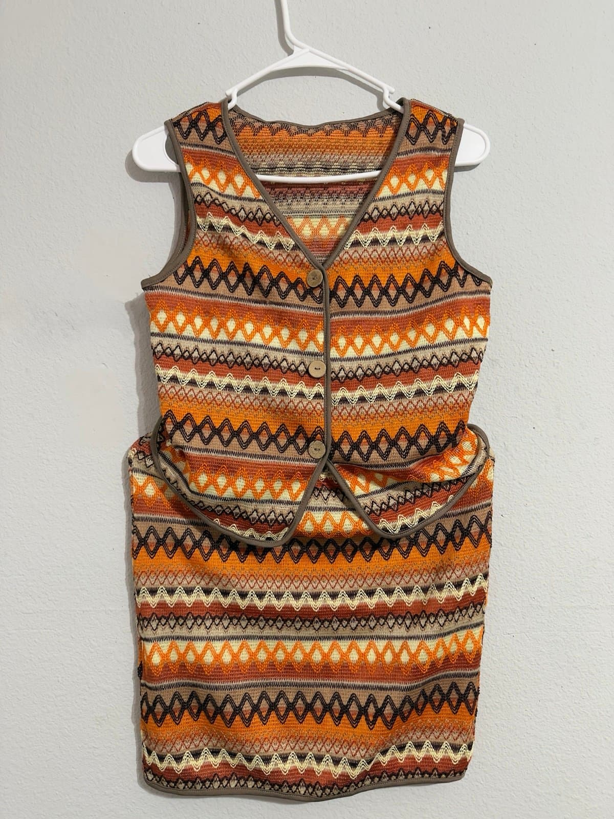Retro Orange Knit Two-Piece Vest & Skirt Set