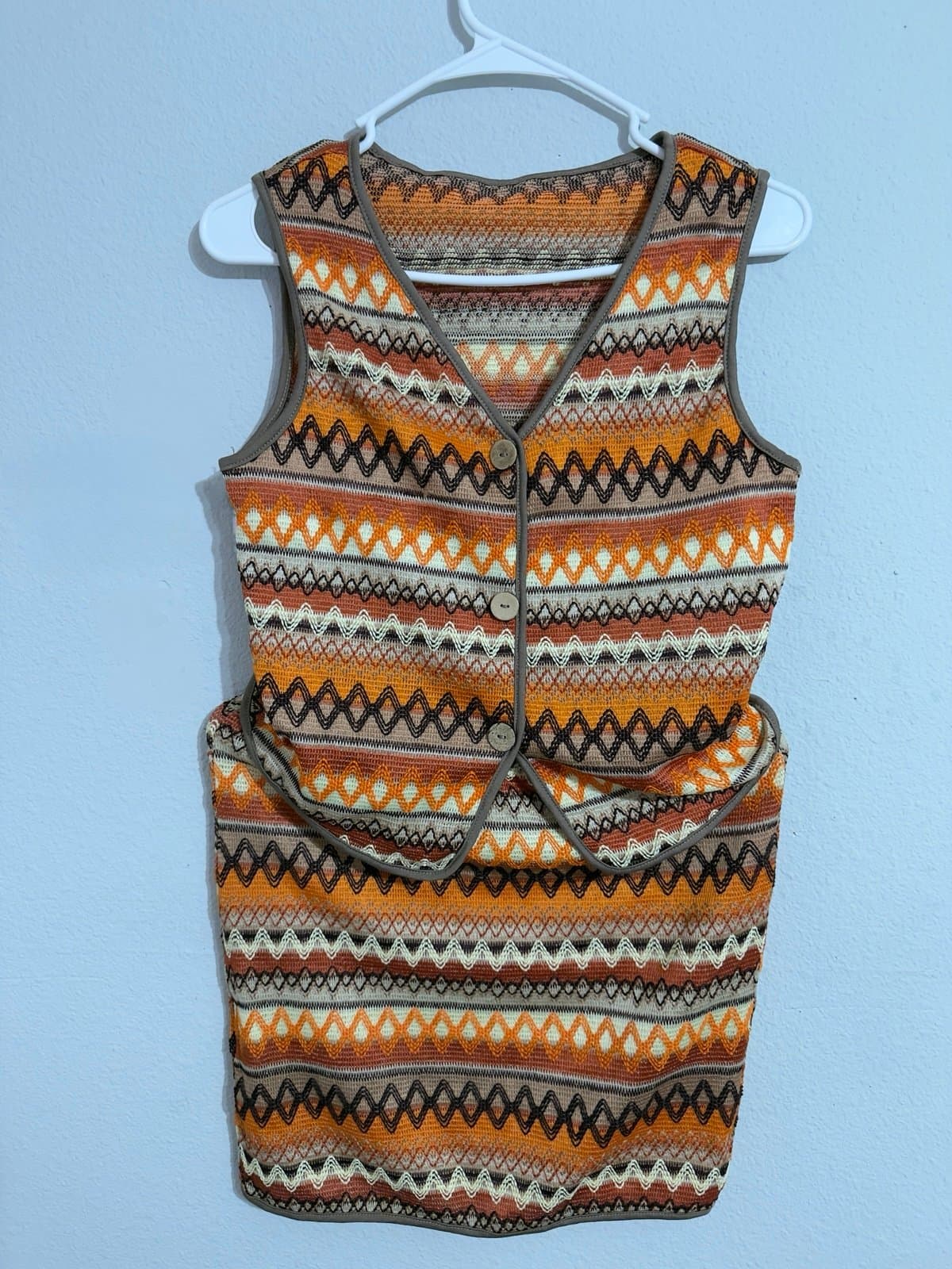 Retro Orange Knit Two-Piece Vest & Skirt Set - Thumbnail 8