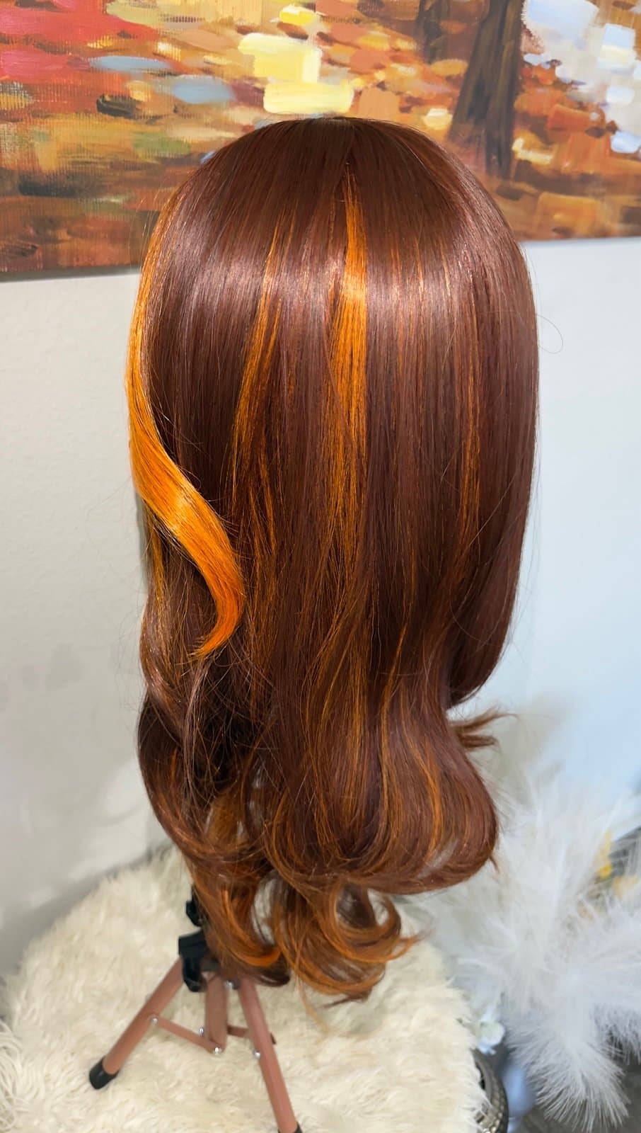 Synthetic Blend Long Straight Lace Front Wig Orange highlights - Thumbnail 12
