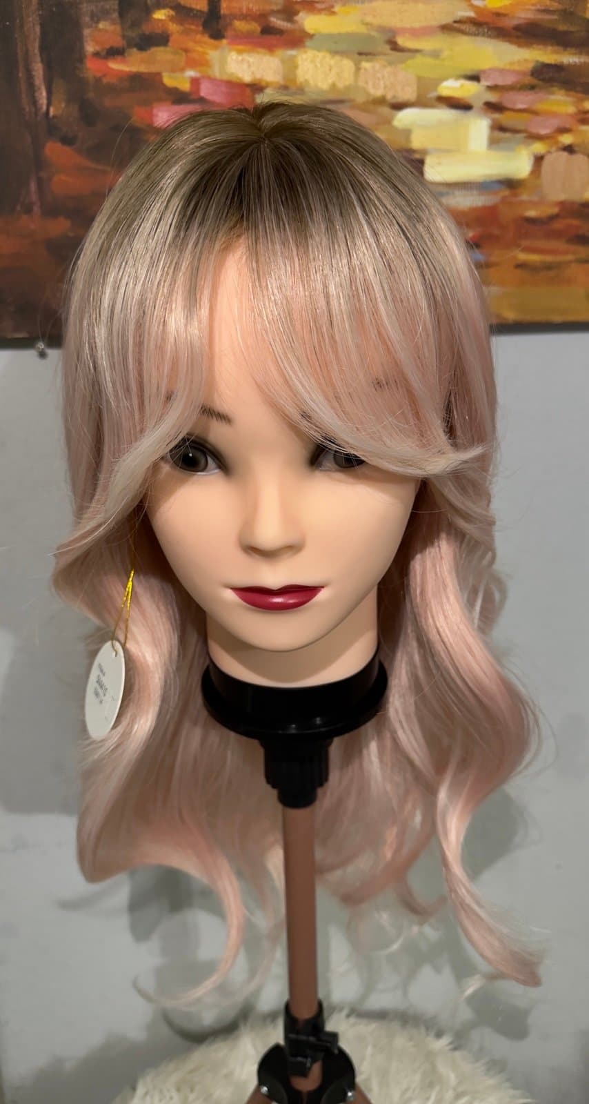 Synthetic Blend Pink Blonde Ombre Wavy Wig with Bangs and realistic scalp - Image 1