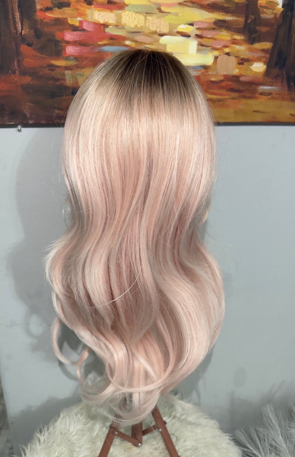 Synthetic Blend Pink Blonde Ombre Wavy Wig with Bangs and realistic scalp - Thumbnail 4