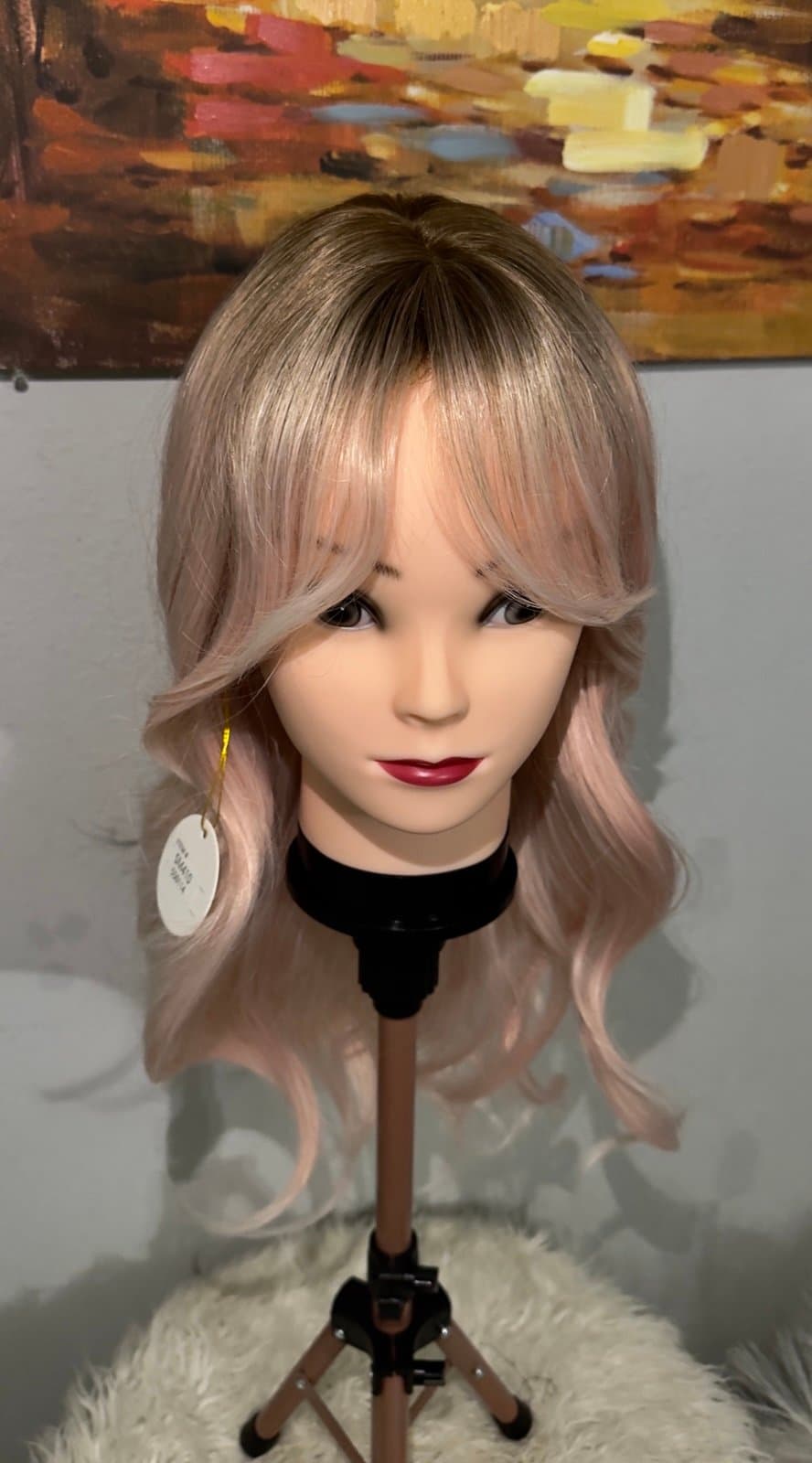 Synthetic Blend Pink Blonde Ombre Wavy Wig with Bangs and realistic scalp - Thumbnail 5