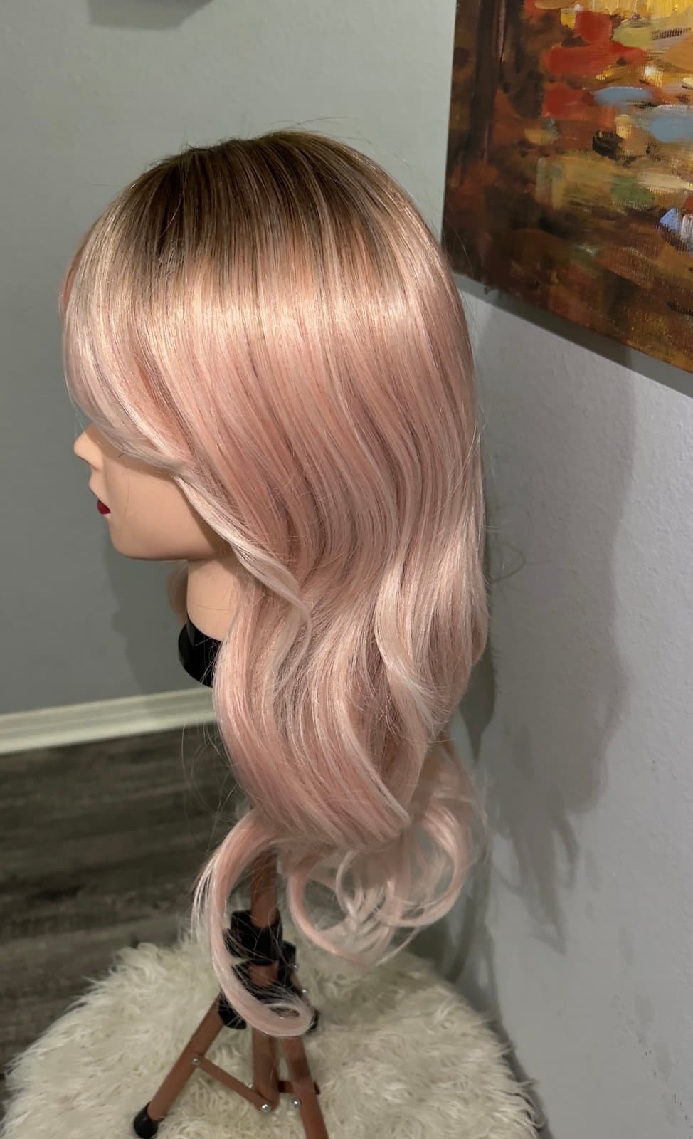Synthetic Blend Pink Blonde Ombre Wavy Wig with Bangs and realistic scalp - Thumbnail 6