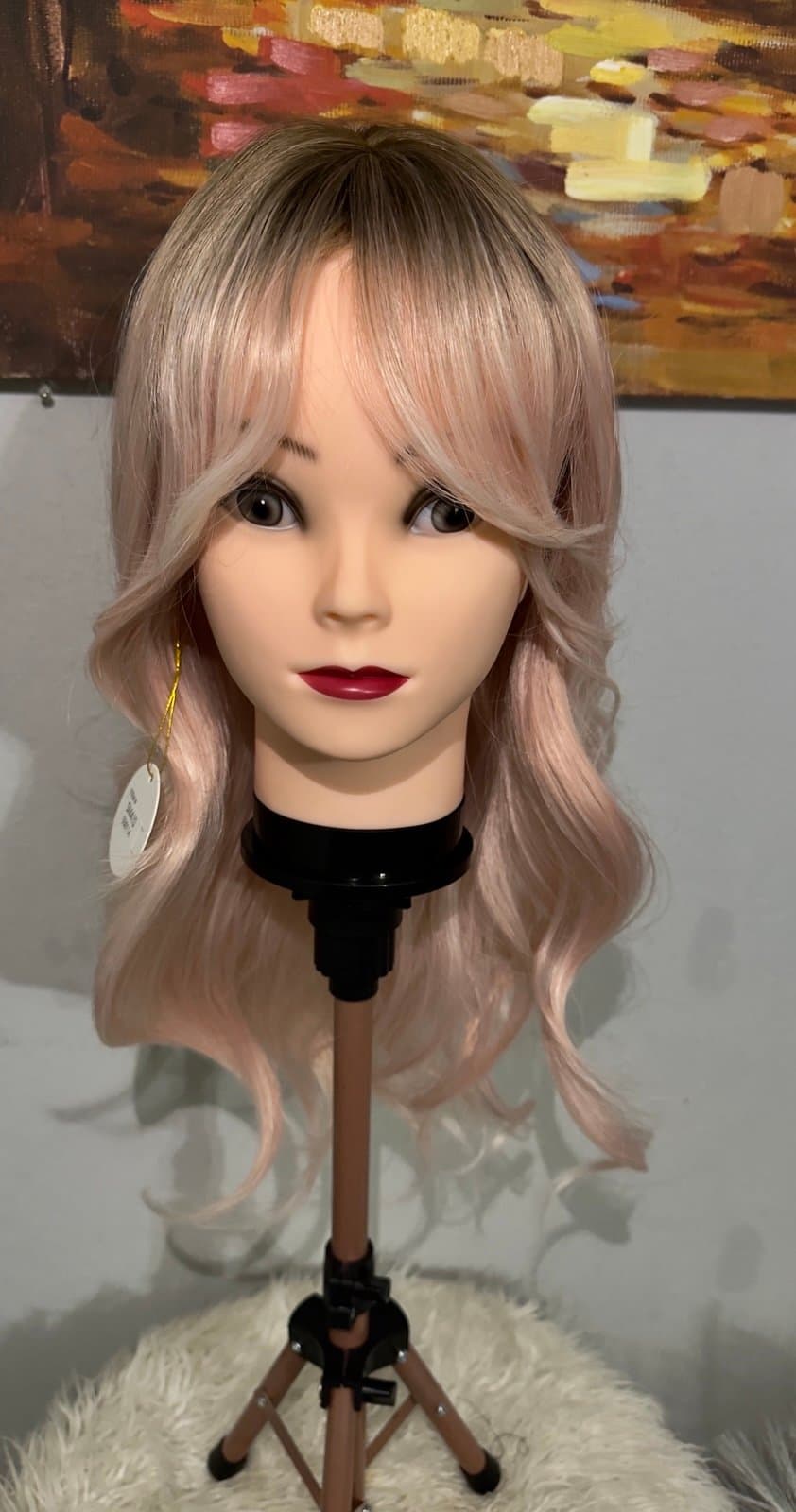 Synthetic Blend Pink Blonde Ombre Wavy Wig with Bangs and realistic scalp - Thumbnail 8