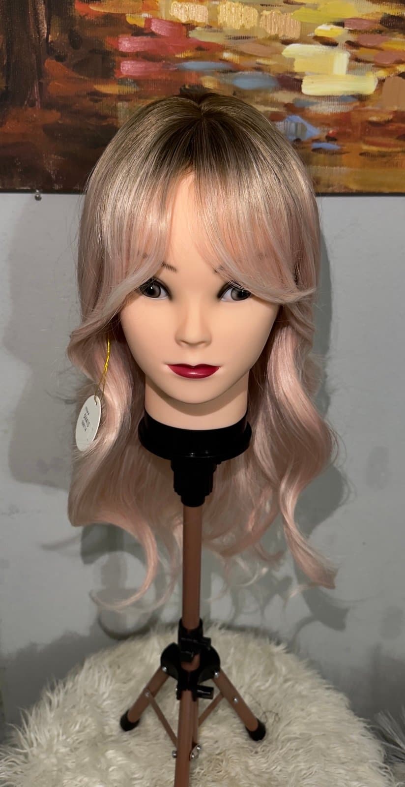 Synthetic Blend Pink Blonde Ombre Wavy Wig with Bangs and realistic scalp - Thumbnail 9