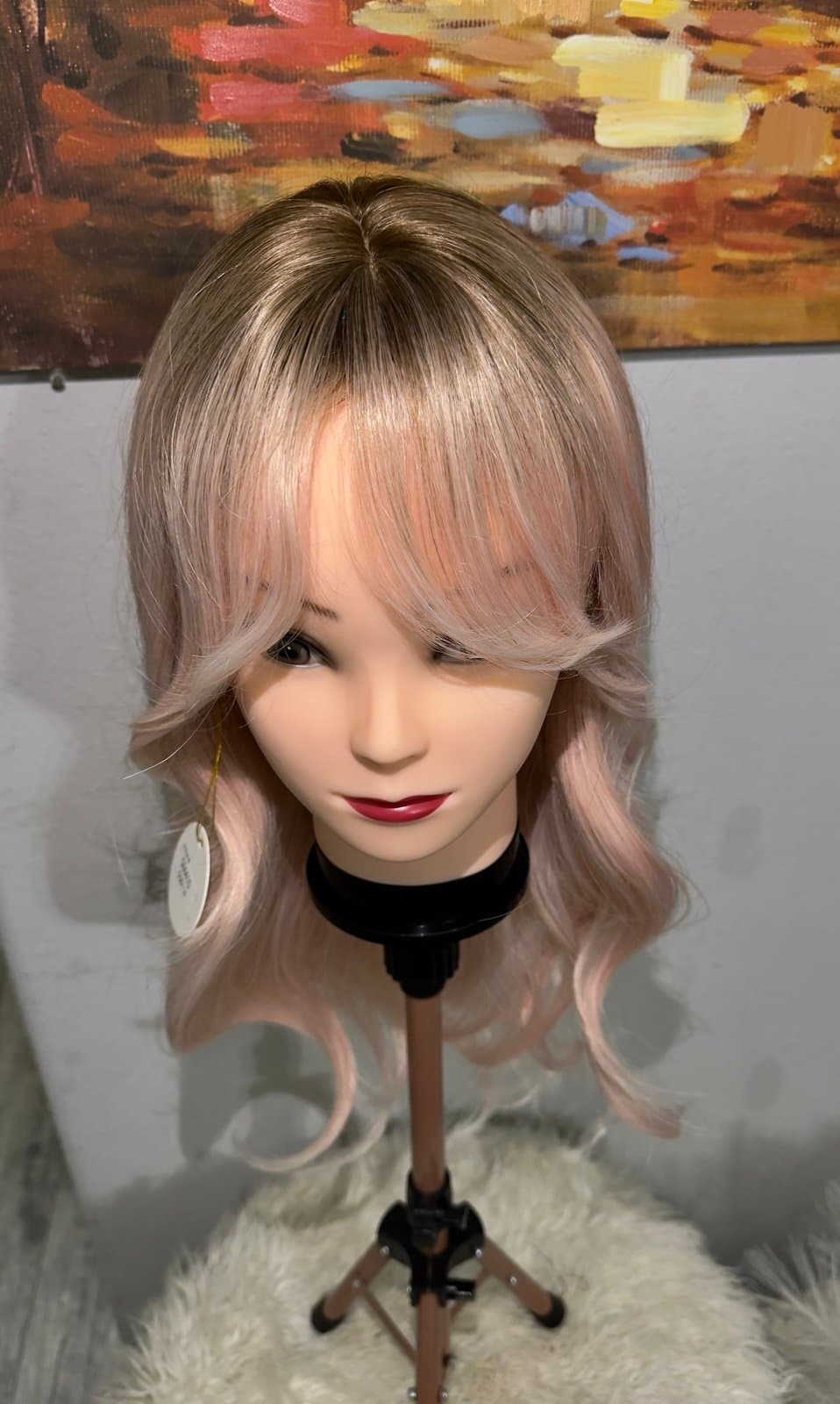 Synthetic Blend Pink Blonde Ombre Wavy Wig with Bangs and realistic scalp - Thumbnail 12