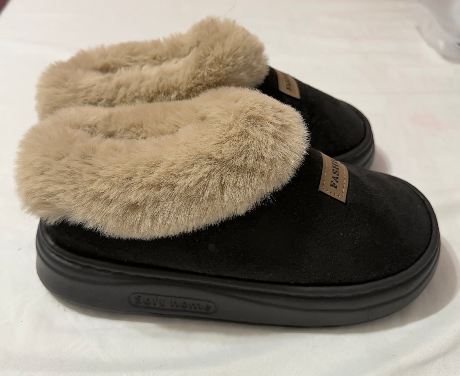 Black Faux Fur Slippers Soft Home - Thumbnail 6