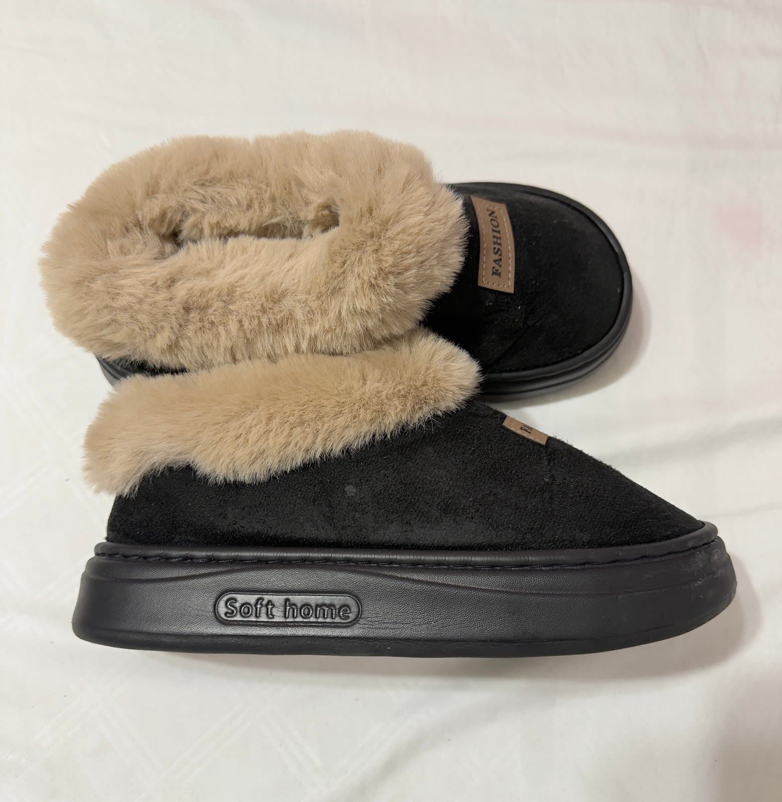 Black Faux Fur Slippers Soft Home - Thumbnail 2